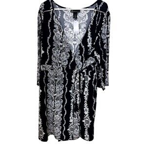 Lane Bryant Womens Black Damask Print Wrap Dress V Neck Long Sleeve 26/28 NWT
